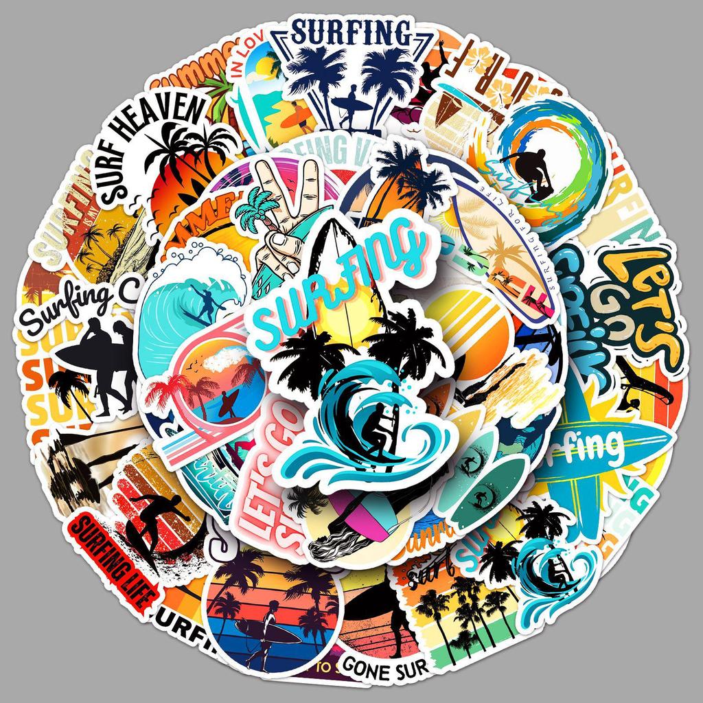 50-Piece Waterproof Cartoon Surfing Stickers for DIY Suitcases & Helmets