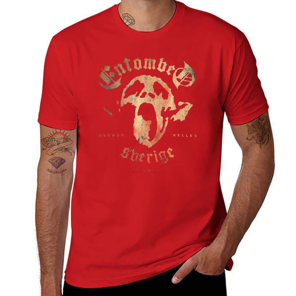 Entombed Red T-Shirt Korean Fashion Summer Top Customs Fitted T Shirts for Men