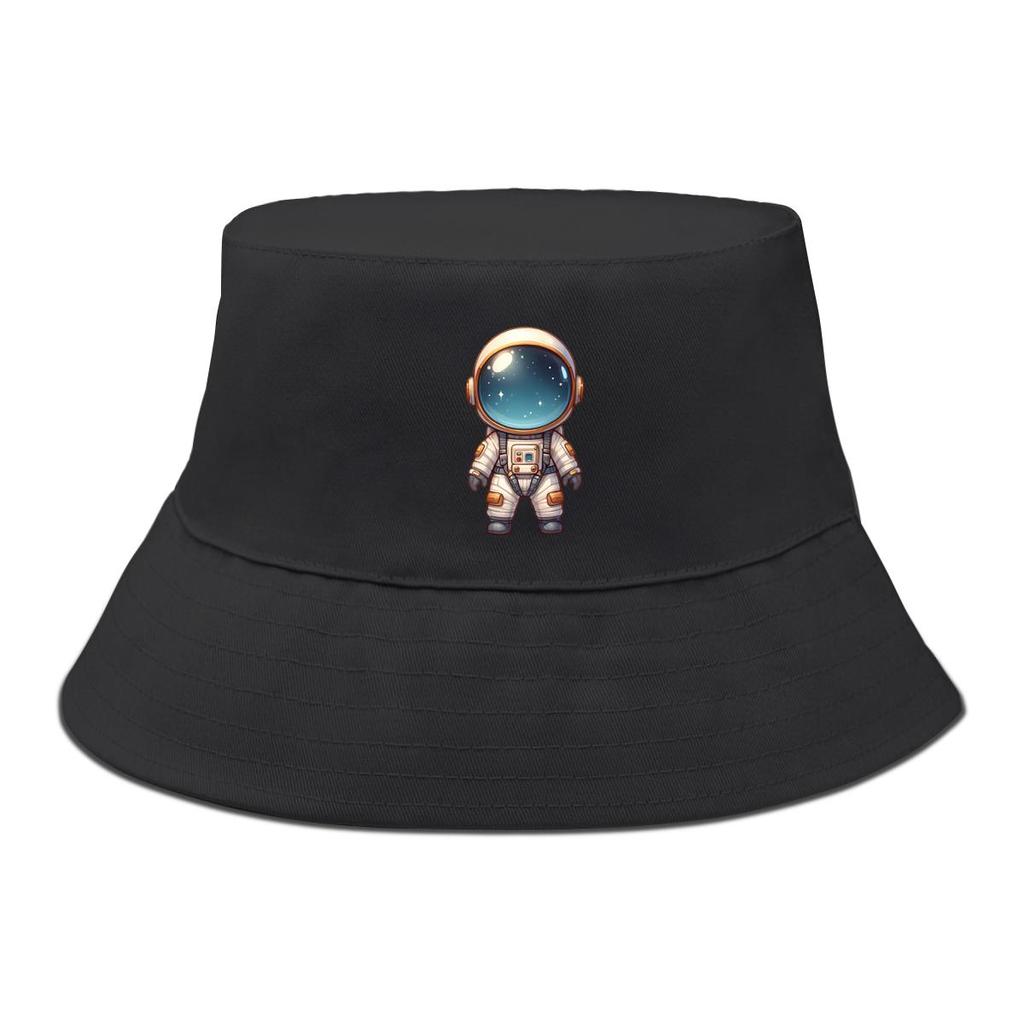 Bucket Hat With Cartoon Astronaut Print , Women's Cap Solid Color Lightweight Polyester Basin Hat