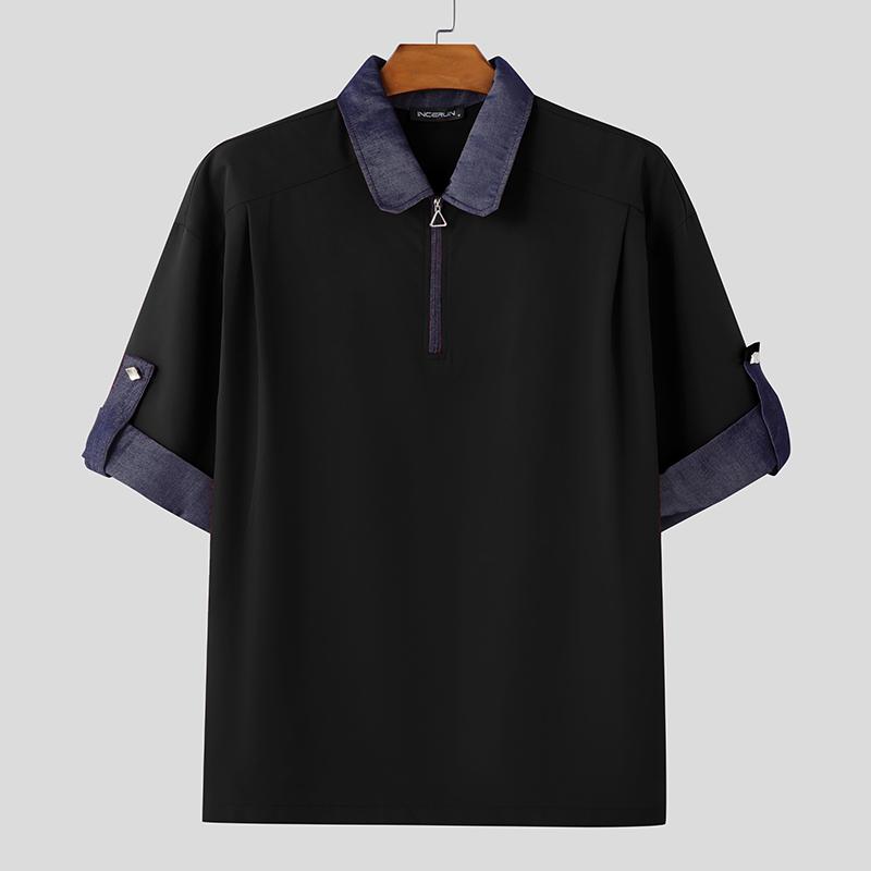 

INCERUN Oversized Men Zip-Up Lapel Neck Stitching Color Short Sleeve T-shirts Tops