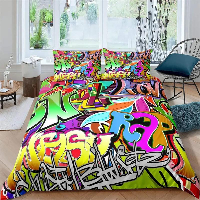 Hippie Graffiti King Queen Duvet Cover Hip Hop Bedding Collection For Kids Teens Adults Wall Urban Street Art Polyester Quilt Cover