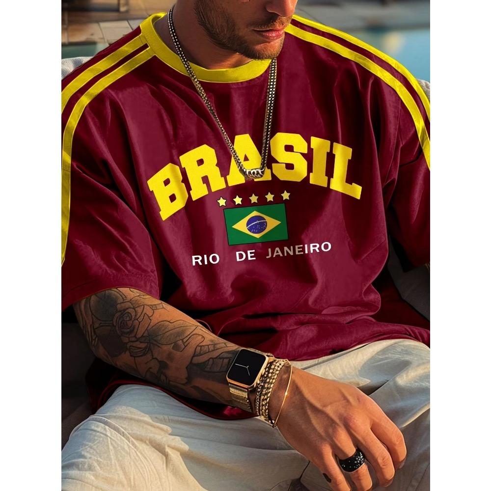 ETST 03 2025 Zomer Nieuw Vijfsterren Brazili&euml; Print T-shirt Voor Mannen Korte Mouw Ronde Hals T-shirts Vintage Casual Sport Mesh Jersey Oversized Tops 3XL