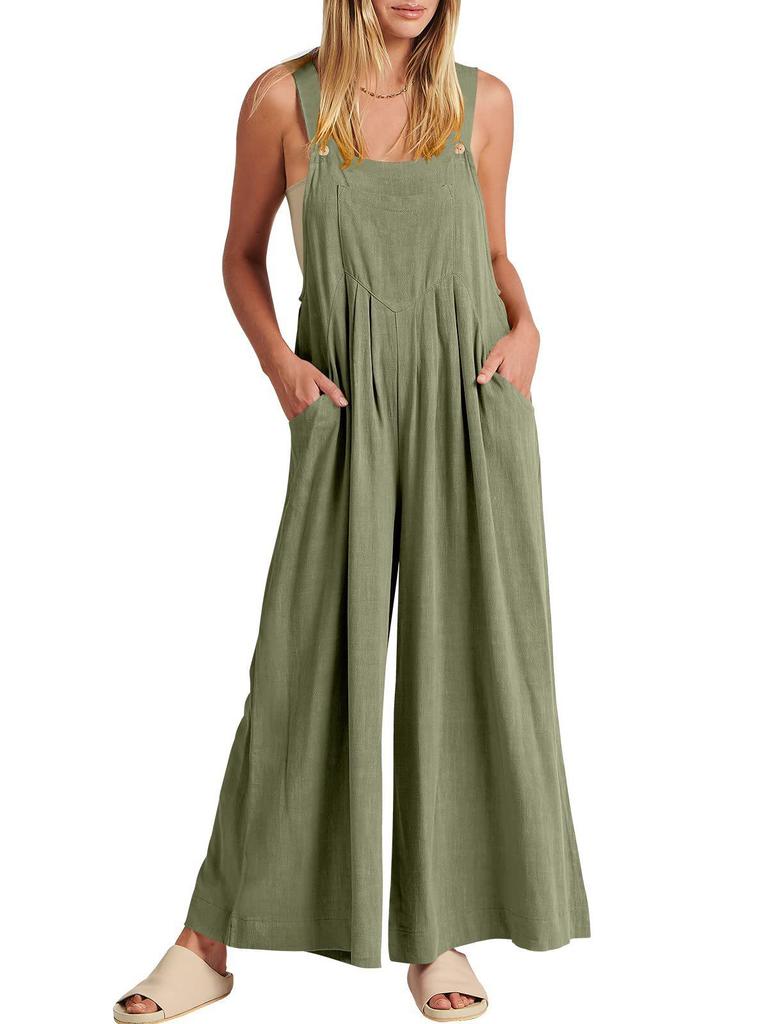 2023 European & American Women's Solid Color Casual Cotton Linen Strappy Jumpsuit