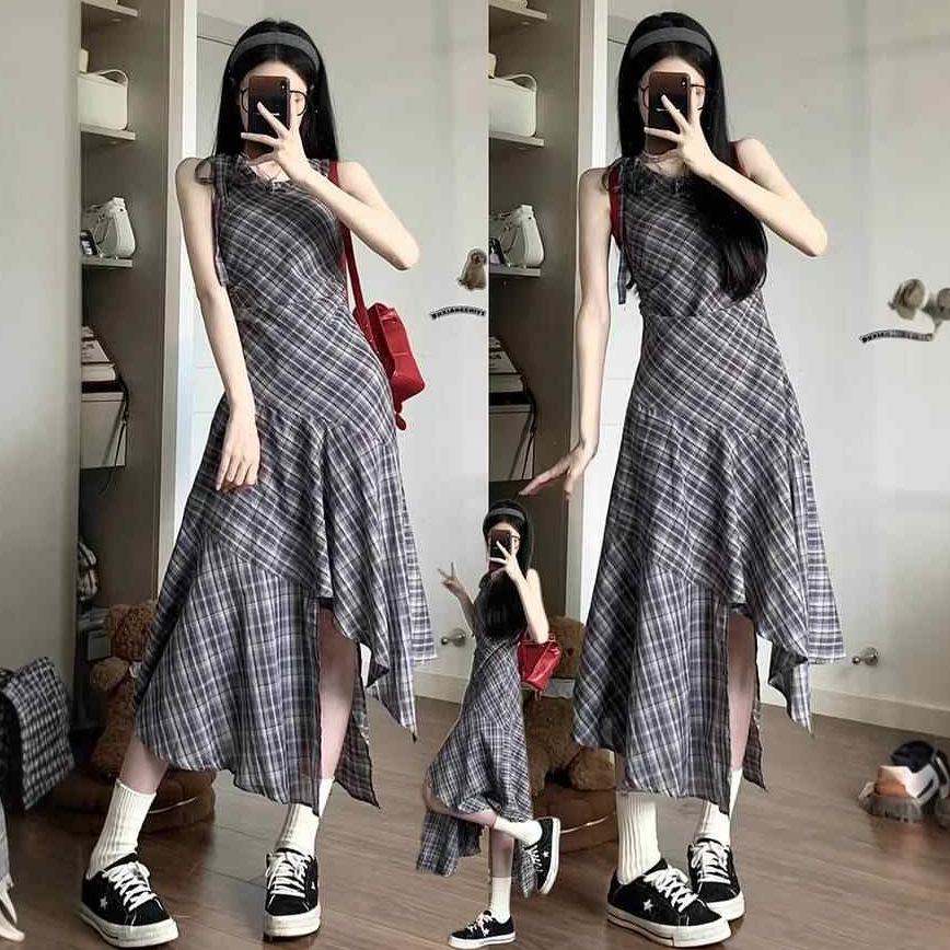 Street style sleeveless plaid vest women's summer dress high-end temperament lace-up small irregular long dress
