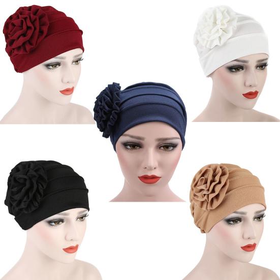 Turban Hat Stretchy Breathable Solid Color Women Side Flower Beanie Cap Headwear Hair Accessories