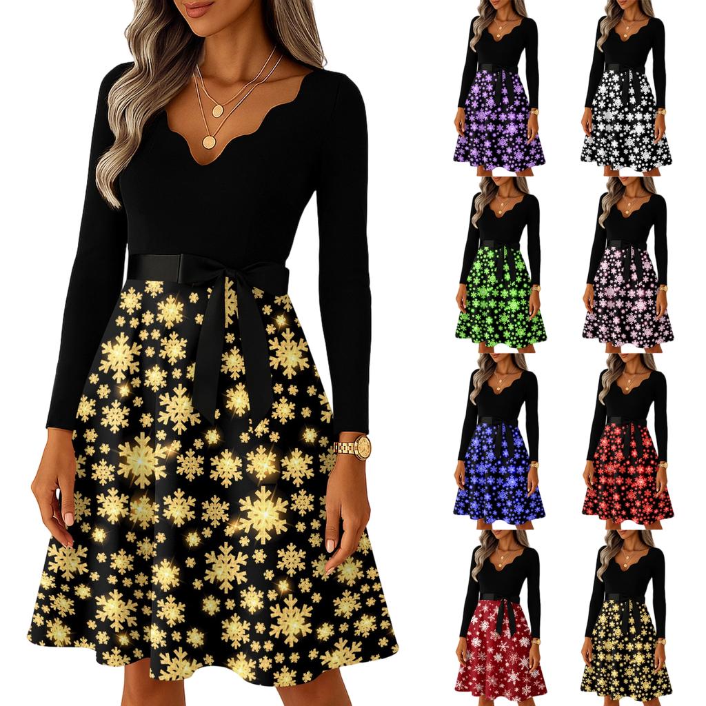 Women's Casual Fashion Long Sleeve Christmas Graphic Printed Vintage Long Dresses