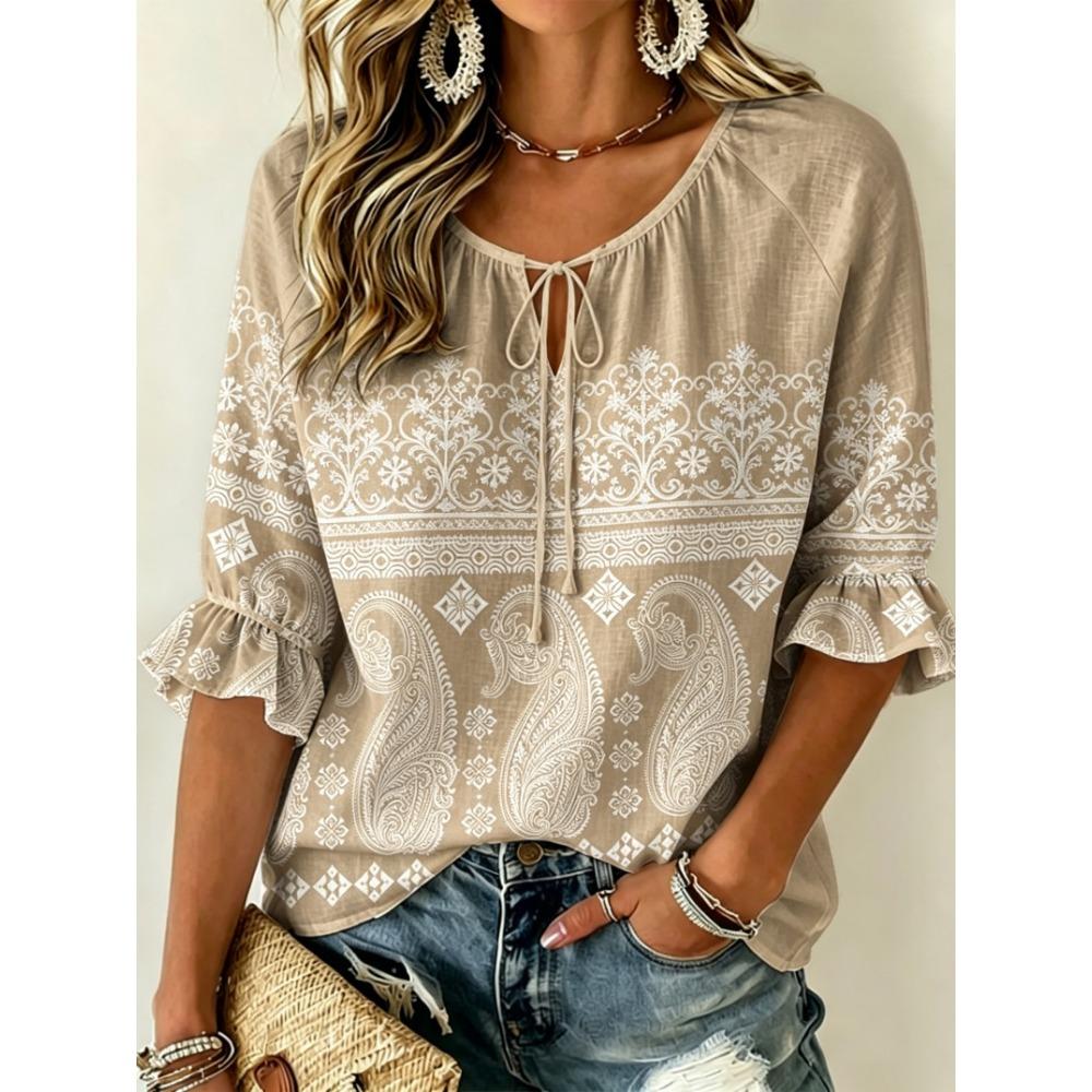 Women s Beige Paisley & Ethnic Print Tie Front Blouse, Casual Loose Top for Spring Summer Daily Wear S