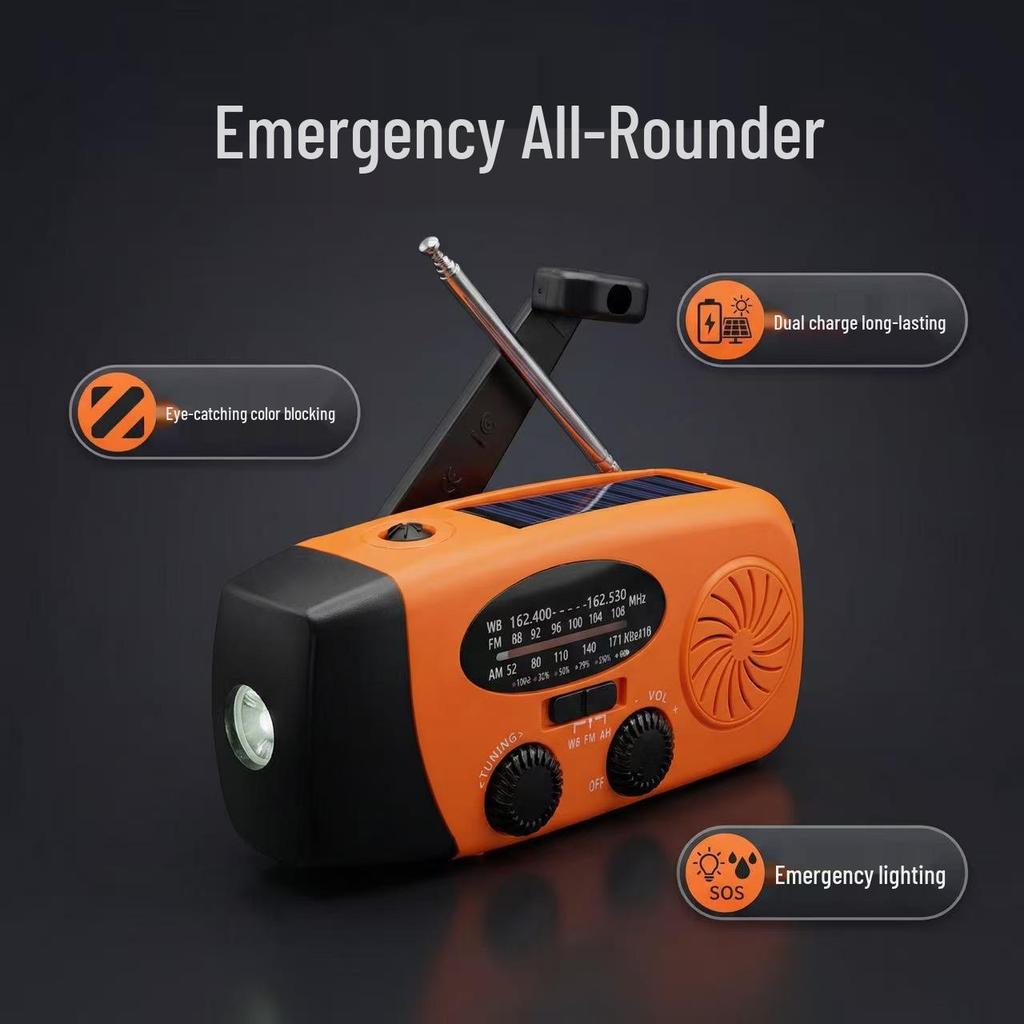 Hand-Crank Solar Radio with SOS Alarm & LED Light, IPX3 Waterproof