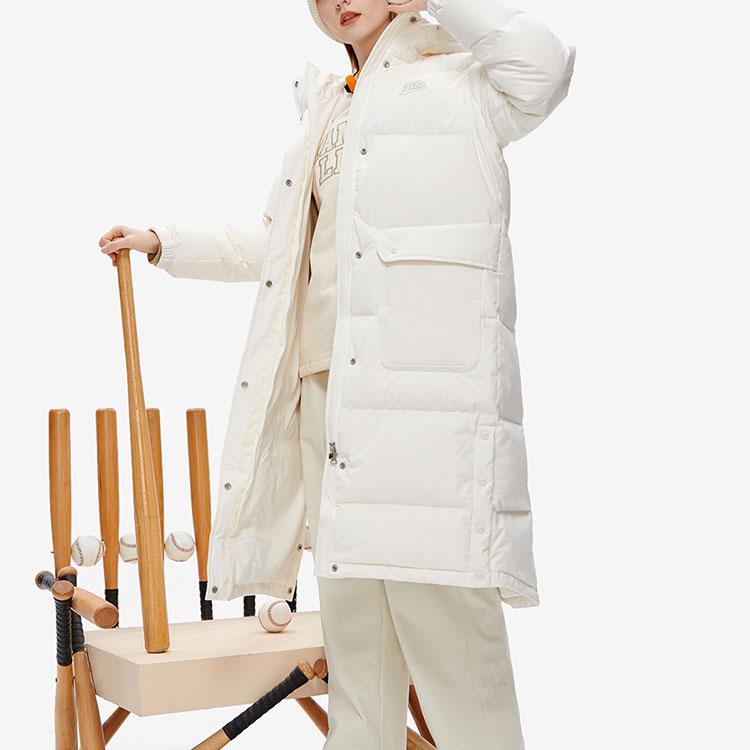 Fila Fusion Solid Color Logo Patch Fashion Hooded Casual Warm Long Down Jacket Women outerwear Cloud-White T11W242908F-WT