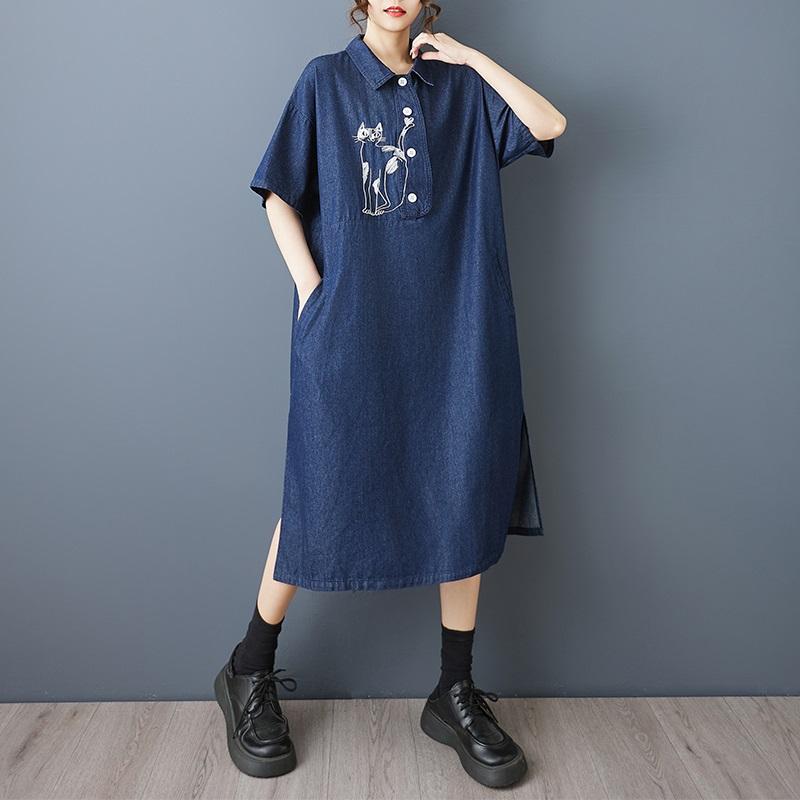 Short Sleeve Plus Size Denim Vintage Embroidery New In Dresses for Women Casual Loose Long Summer Dress