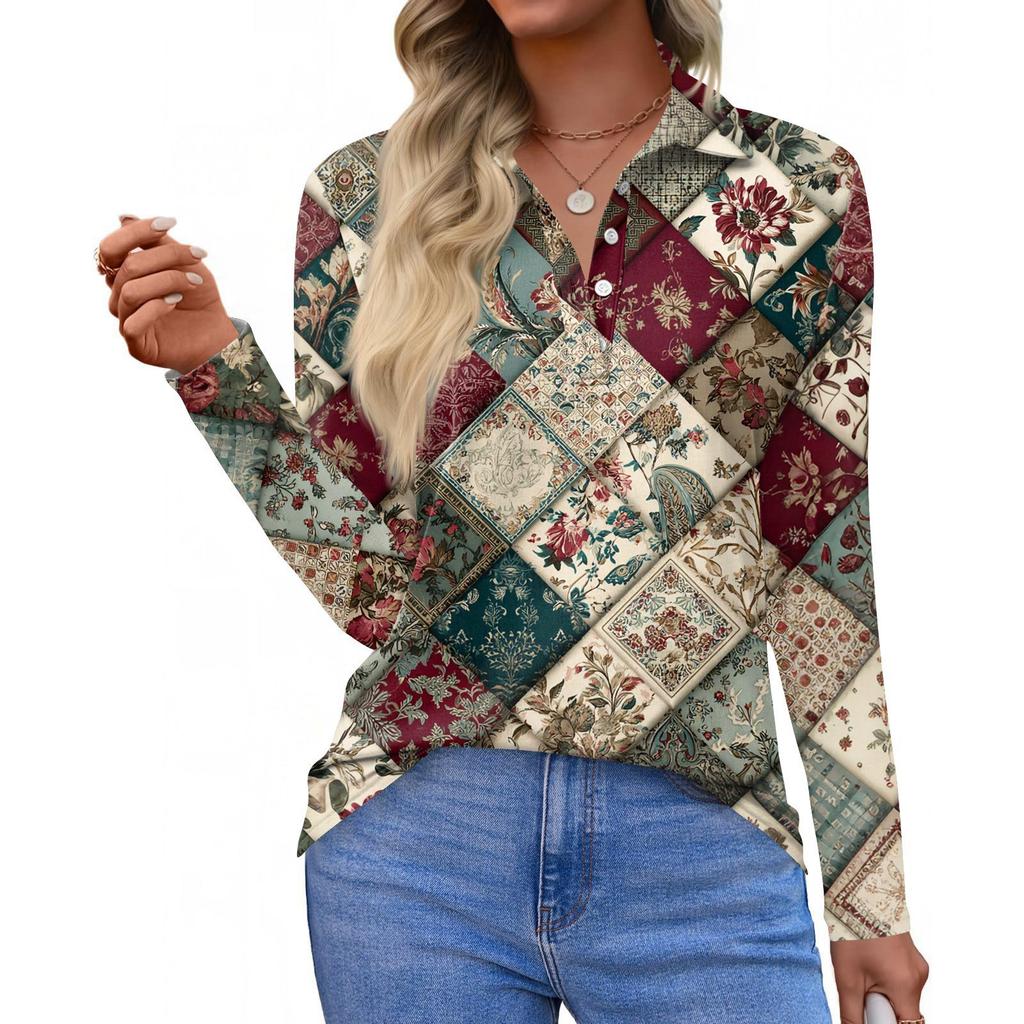 Damenmode Casual Revers Kurze Langarm Print Shirt Damen Button Up Tops