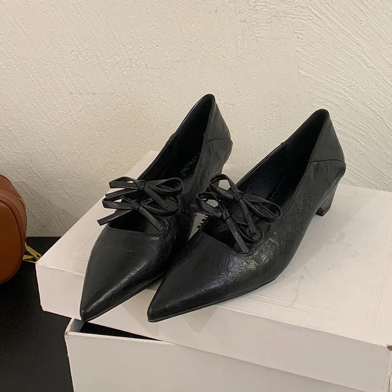 

Elegant Pointed Toe Double Bow High Heels Women Fashion Hollow Shallow High Heels Comfortable Soft Leather Low-heeled Shoes 39