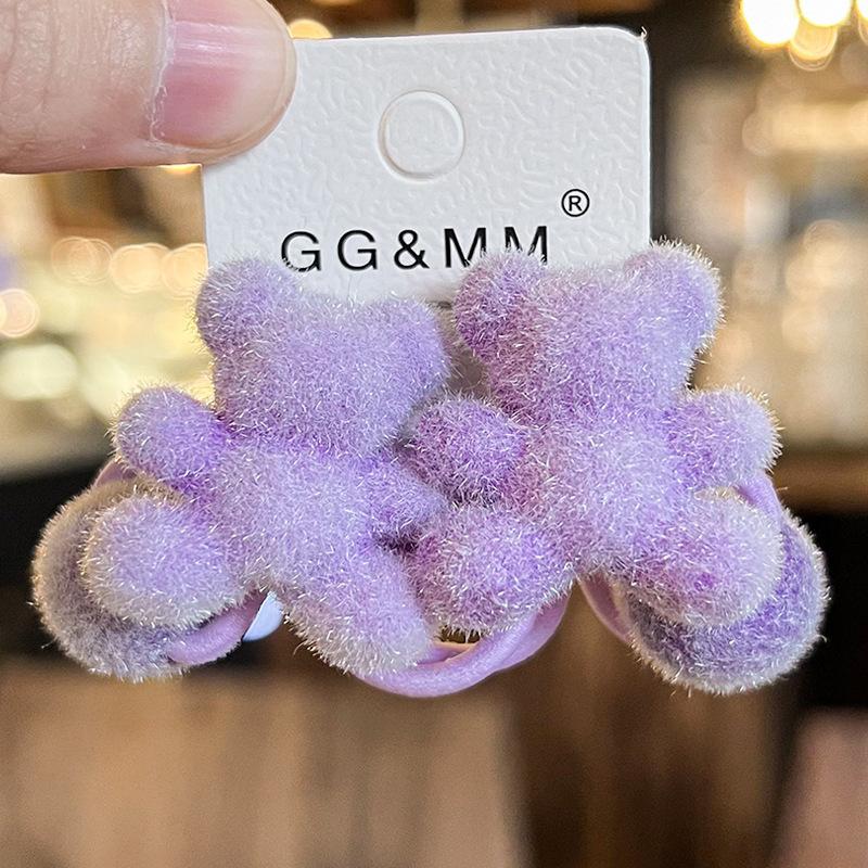 

2 шт., новые милые красочные флокированные головные уборы в виде маленькой принцессы-медведицы, детские эластичные резинки для волос, детские веревки для волос, аксессуары для волос для девочек фиолетовый