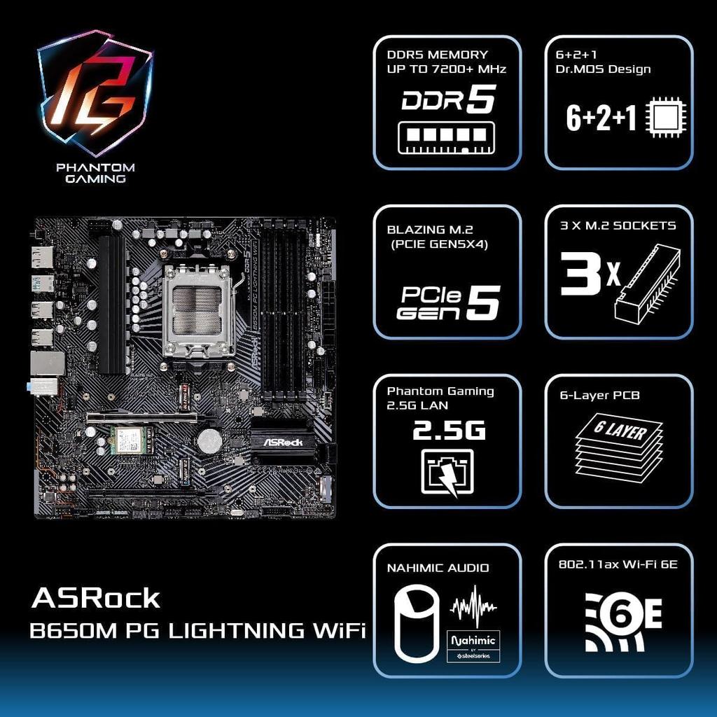 ASRock B650M PG Motherboard with Lightning AMD Ryzen 7000 Series CPU Support B650 Micro ATX Motherboard WiFi, (Socket AM5), Bluetooth, [Used]