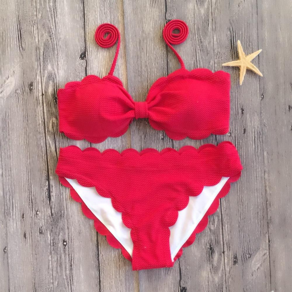 

Купальник-бикини с эффектом пуш-ап, купальник с зубчатой ​​отделкой, женский черный, желтый, красный купальный костюм-бандо, женский однотонный бикини, пляжная одежда XL