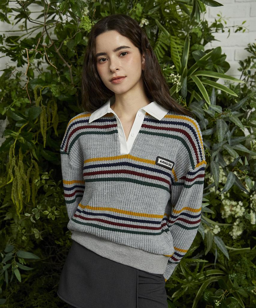 KANDINI Gray Striped Knit Polo Shirt