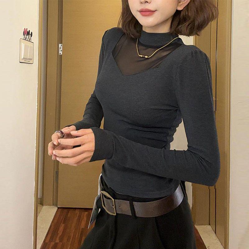 Plus Size Velvet Mesh Patchwork High Neck Long Sleeve Top for Women - Slimming & Versatile Fall/Winter Style for Curvy Figures