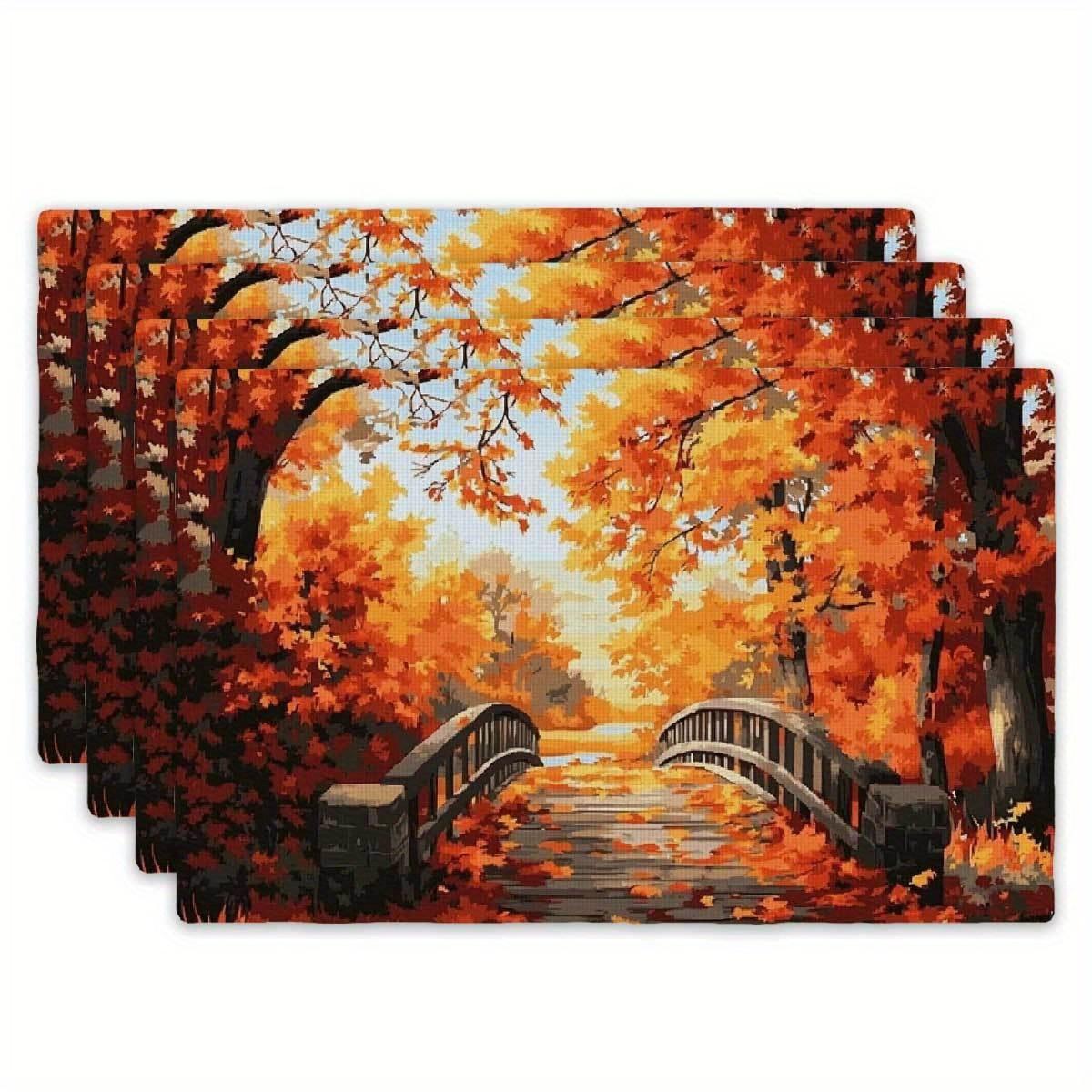 

Rectangular Kitchen Table Mats (12 x 18 ) 4pcs Placemats Set - Enchanting Autumn Maple Bridge Scene Perfect for Holiday Gathe 1pcs