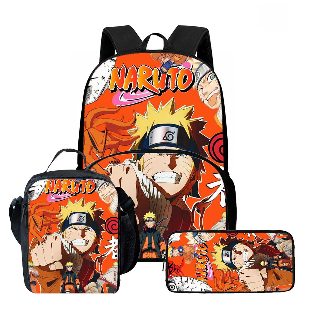 Lightweight NARUTO 3Pcs Set School Backpack Set With Front Pocket Lunch Bag Pencil Bag For Boys Girls Children Aged 5-10