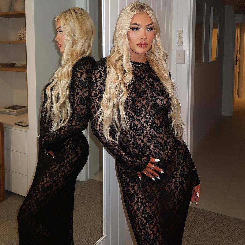 2024 Autumn/Winter Women's Solid Lace See-Through Long-Sleeve Mid-Length Vacation Dress