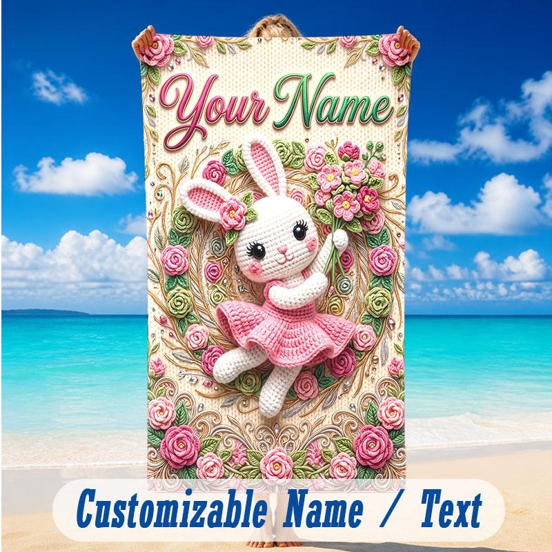 Easter Bunny Theme Beach Towel Personalized Custom Name & Text Soft Quick Dry Beach Towel for Swimming Travel