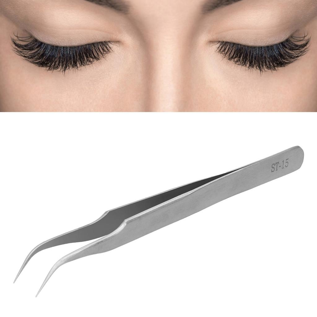 Stainless Steel AntiStatic False Eyelash Grafting Tweezers Clips Portable Eyelash Tool(ST15 Bend Head )
