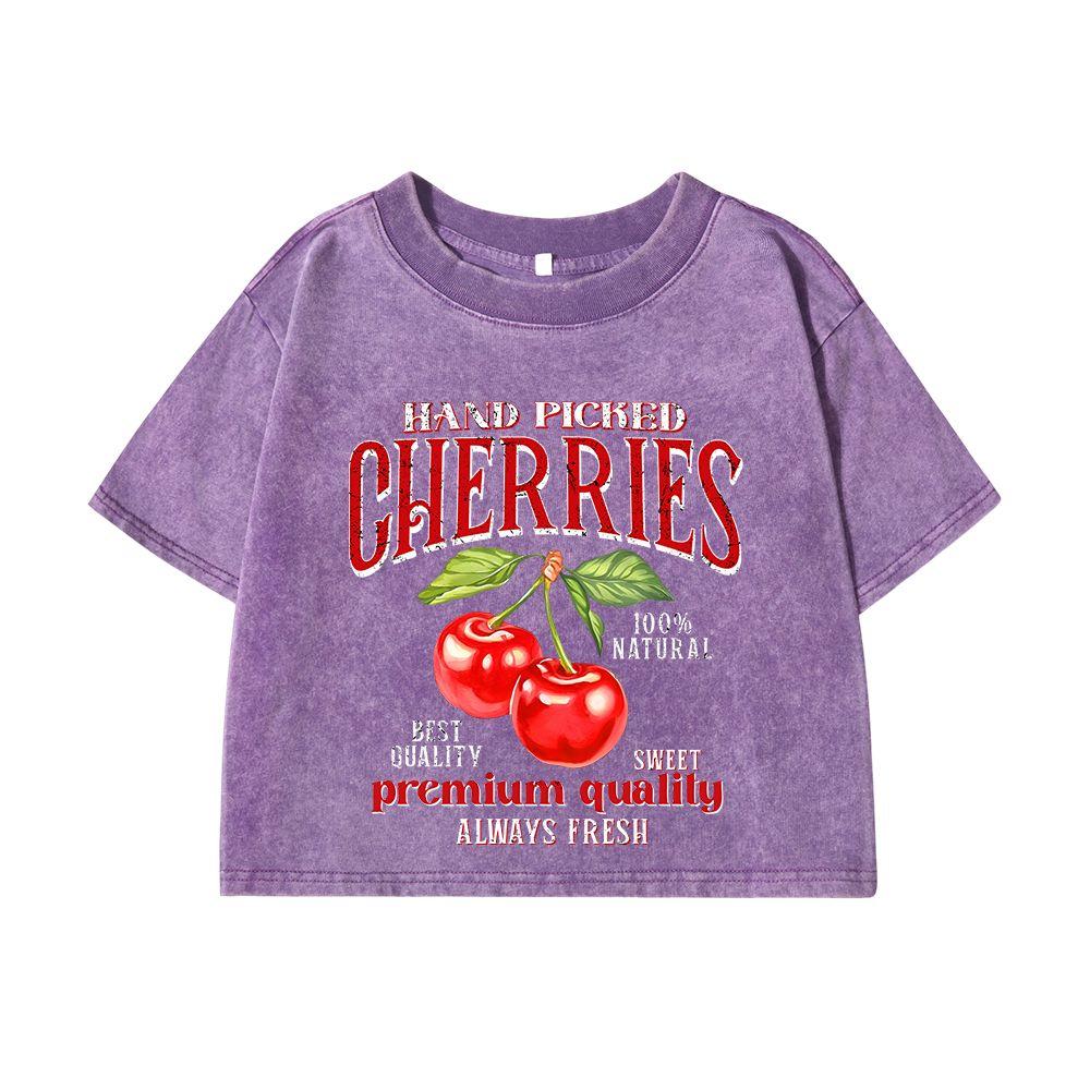 Women Cotton Crop Washed T-Shirts Hand Picked Cherries Prints Short Sleeve Distressed Tops Female Street Clothes