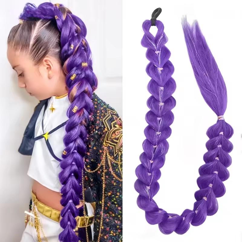 fashion Performance hair accessory ponytail 32 inch long purple braided wig shining metallic texture children s holiday outfit (PURPLE,1pc&32inches) фиолетовый