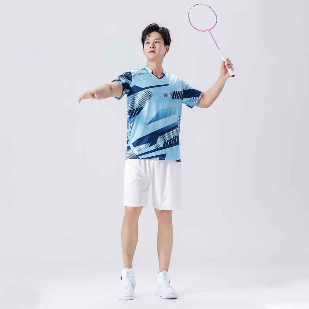 Anmurye Table Tennis Short Sleeve Sports Game Shirt with Abstract Geometric Badminton Strength Practice Stylish Summer Light Blue Size L Men's