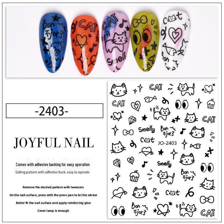 Cartoon Graffiti Nail Stickers: Kitten, Rabbit, Puppy, Starburst, Butterfly Designs with Adhesive