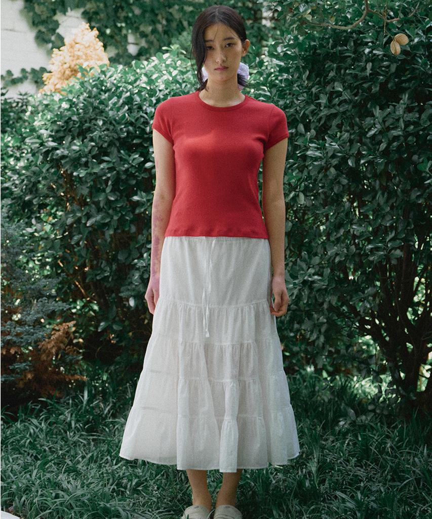 LEEJEE Shirred Long Tiered Skirt (Off-White)