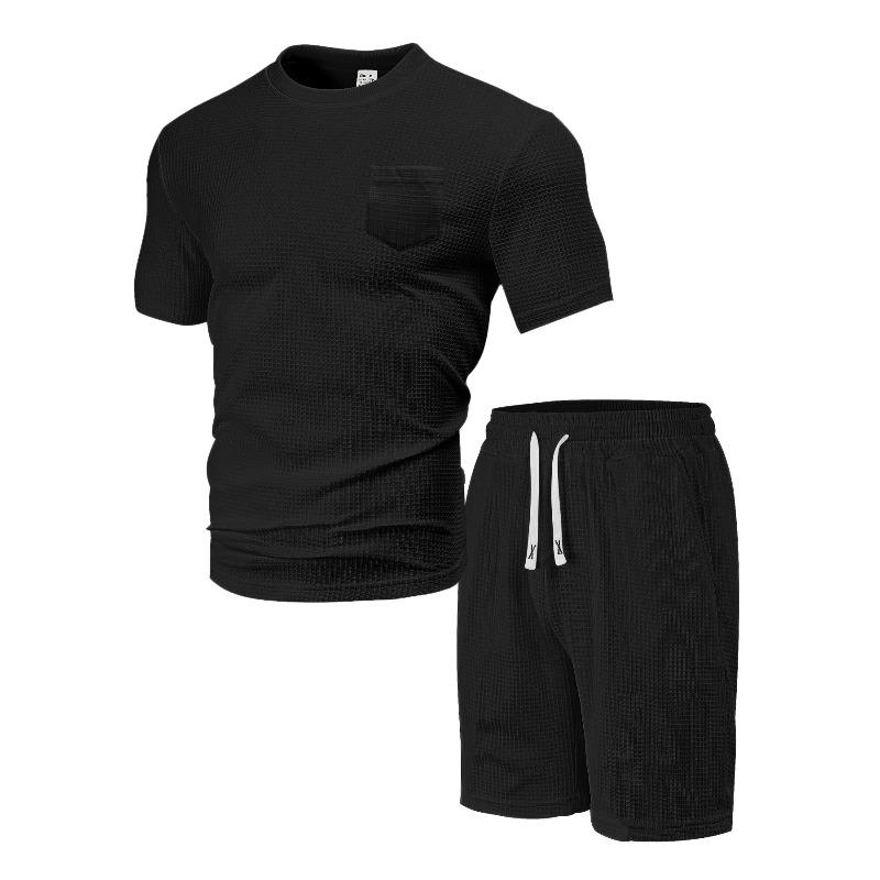 Men's New Summer Sports and Leisure Loose Thin Waffle Short-sleeved Shorts Set