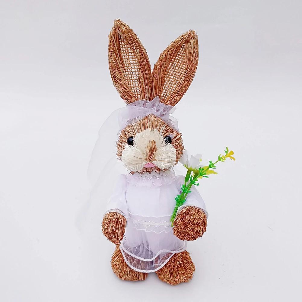 

23cm Yard Party Home Easter Decor Woven Straw Bunny Rabbit Sculpture Statuette Easter Ornament