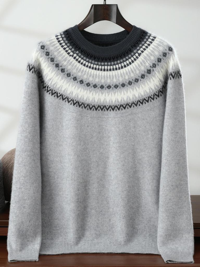 Men's Fair Isle Knit Cashmere Sweater - Round Neck, Retro Jacquard, Soft & Skin-Friendly, Thickened Design, Trendy Style