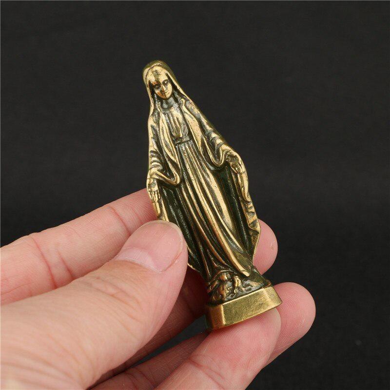 Antike Messing Heilige Jungfrau Maria Figuren Miniatur Schreibtischornamente Heilige Mutter Kleine Statue Heimdekorationen Handwerk Geschenke