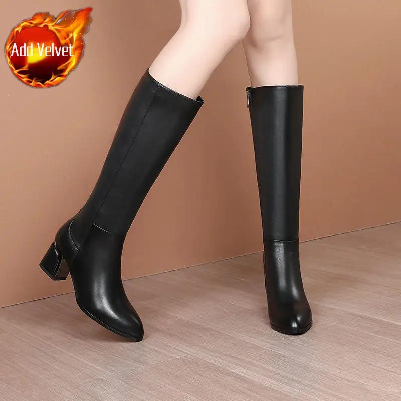 Fashion Autumn Winter Fleece-Lined Leather Women's Half High Boots Hot New in Ladies Mid Calf Shoes Comfortable and Elegant 2025 Pu Boot