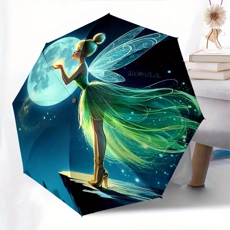 Disney Tinker Bell Moonlight Automatic Open/Close Umbrella - Cute Umbrella with Cute Design, Portable 3-Fold Compact Umbrella for Men & Wome