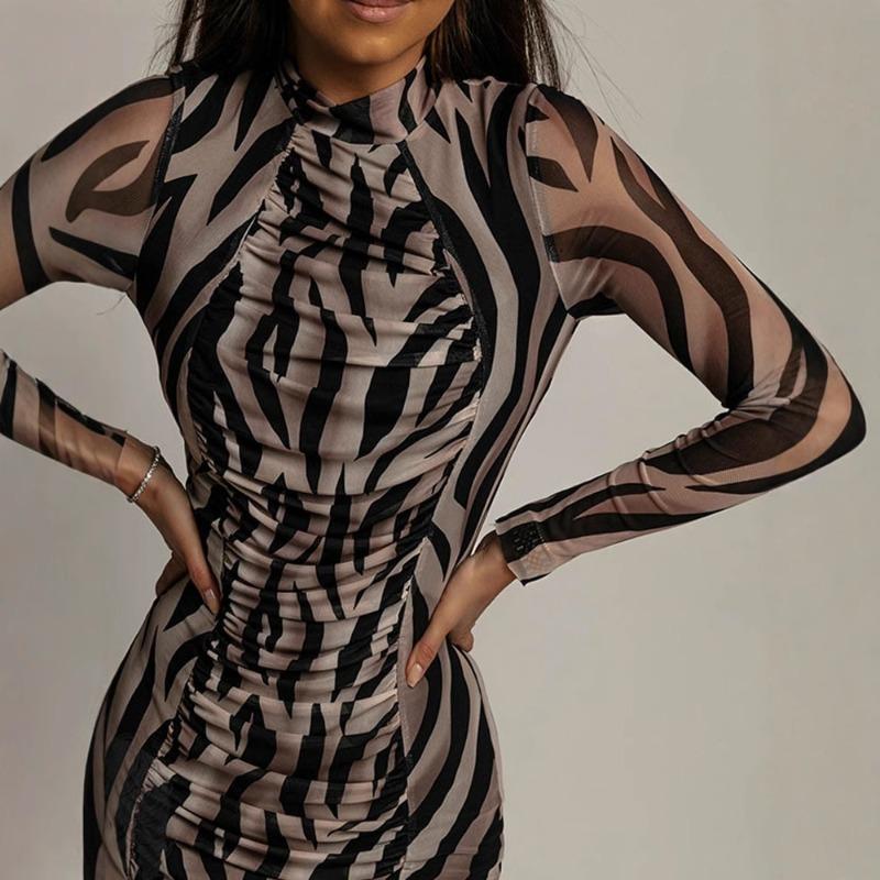 Women's Fashion Print Pleated Sexy Mesh See-through Long Sleeve Slim Dress