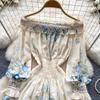 Boho Floral Off Shoulder Floral Print Mini Dress Women Long Sleeve Ruffle Hem Smocked Waist Vintage Summer Beach Dress