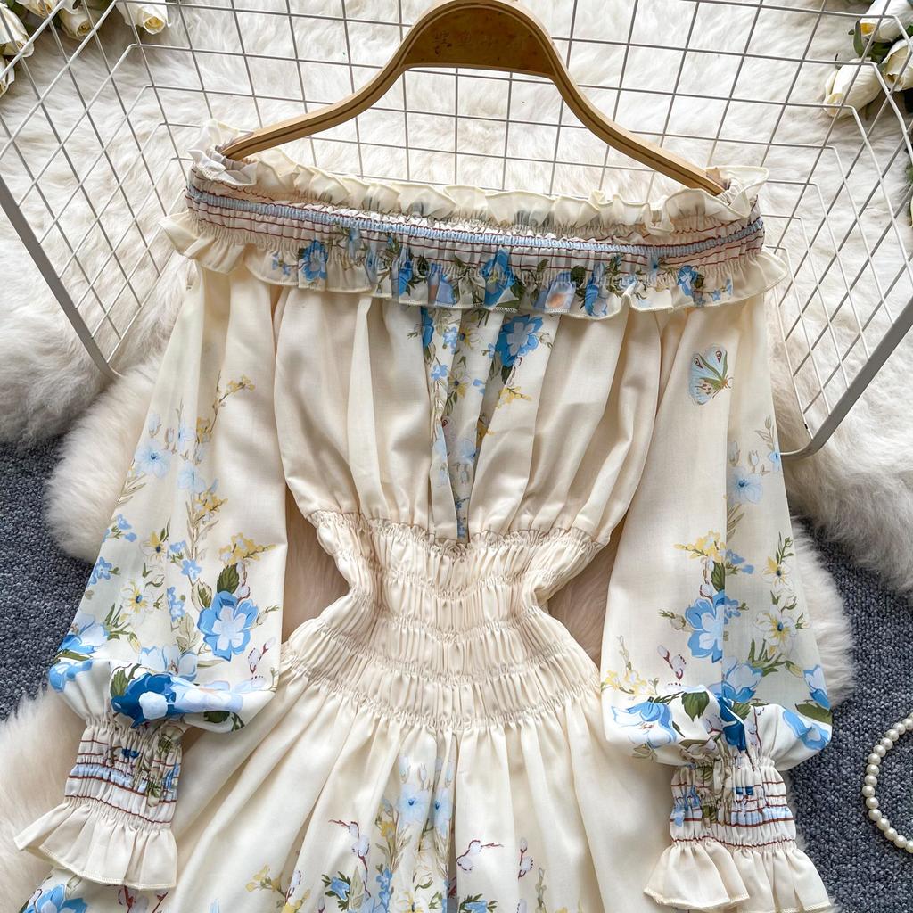 Boho Floral Off Shoulder Floral Print Mini Dress Women Long Sleeve Ruffle Hem Smocked Waist Vintage Summer Beach Dress
