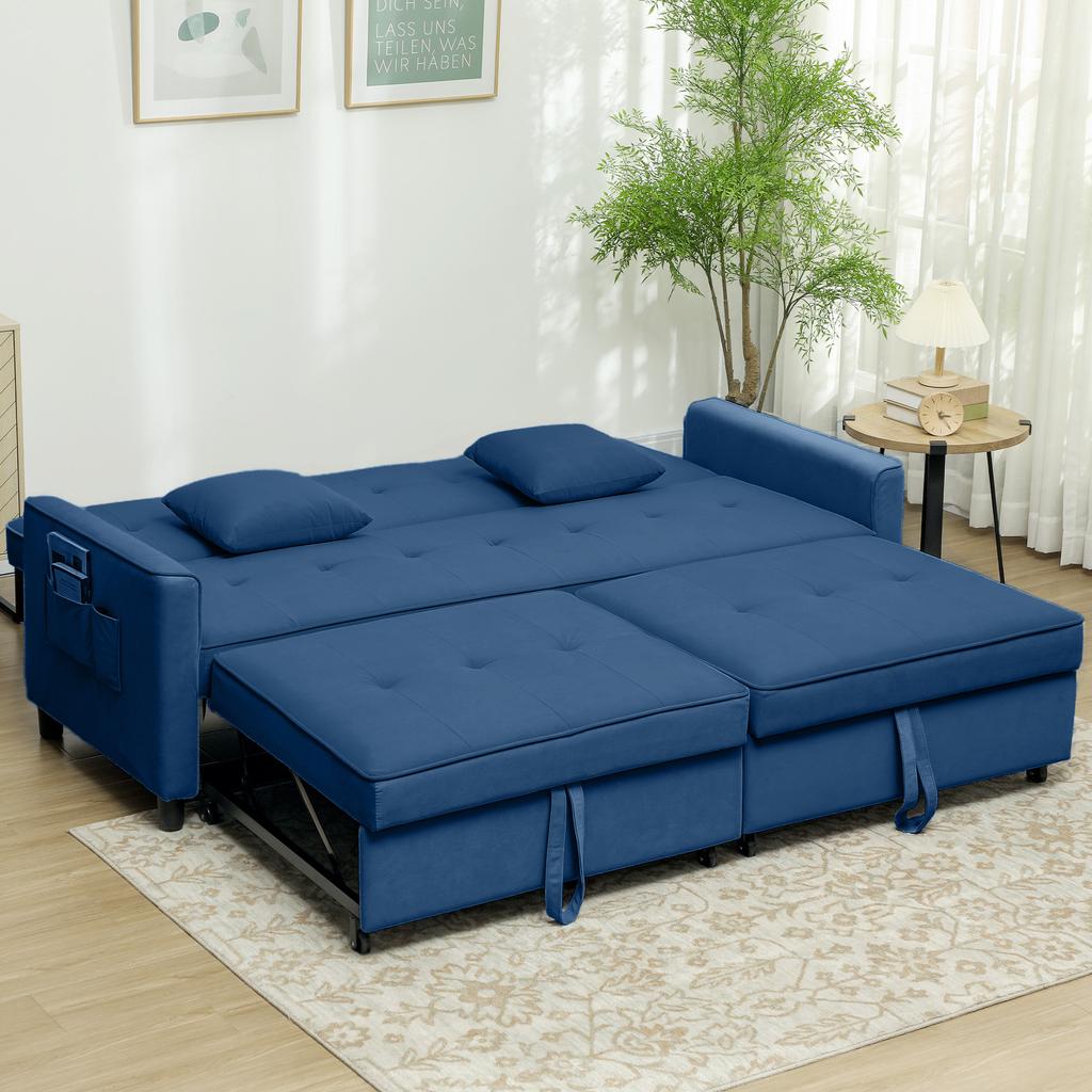 Three Person Velvet Feel Sofa Bed Blue