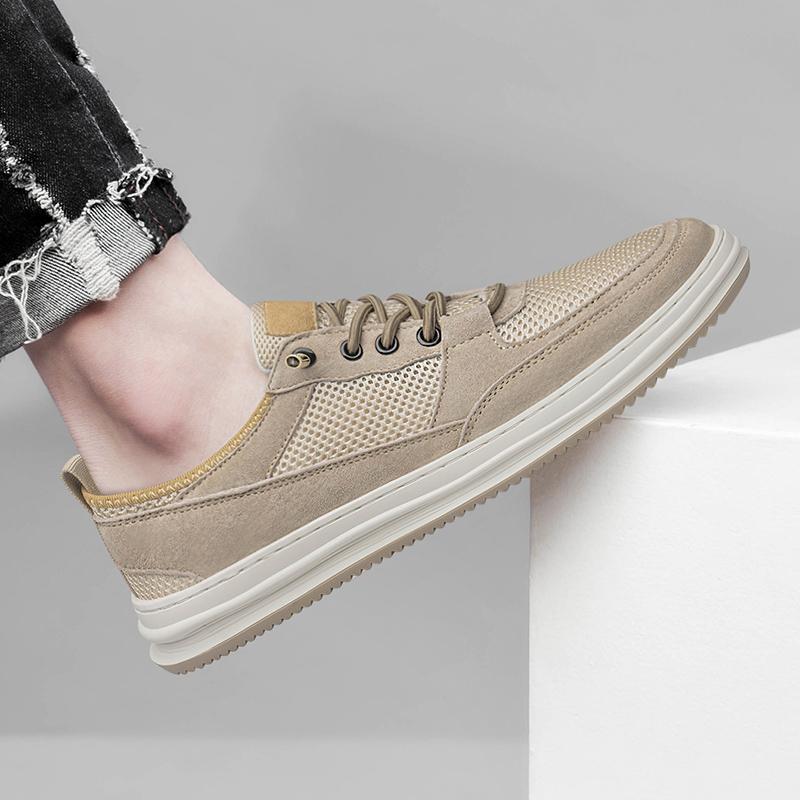 Lightweight Genuine Leather Breathable Skate Shoe Lace Up Sneakes Mens Vulcanized Shoes Mesh Surface Man Casual Sports Shoes