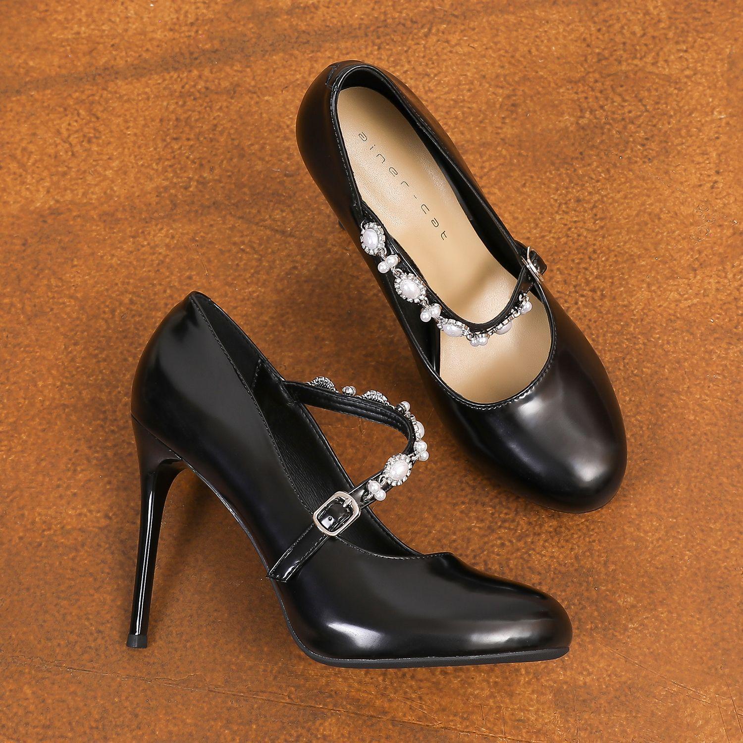 

15003 [sheepskin] high heels women s thin heels 2025 new Mary Jane shoes invisible waterproof table single shoes 34