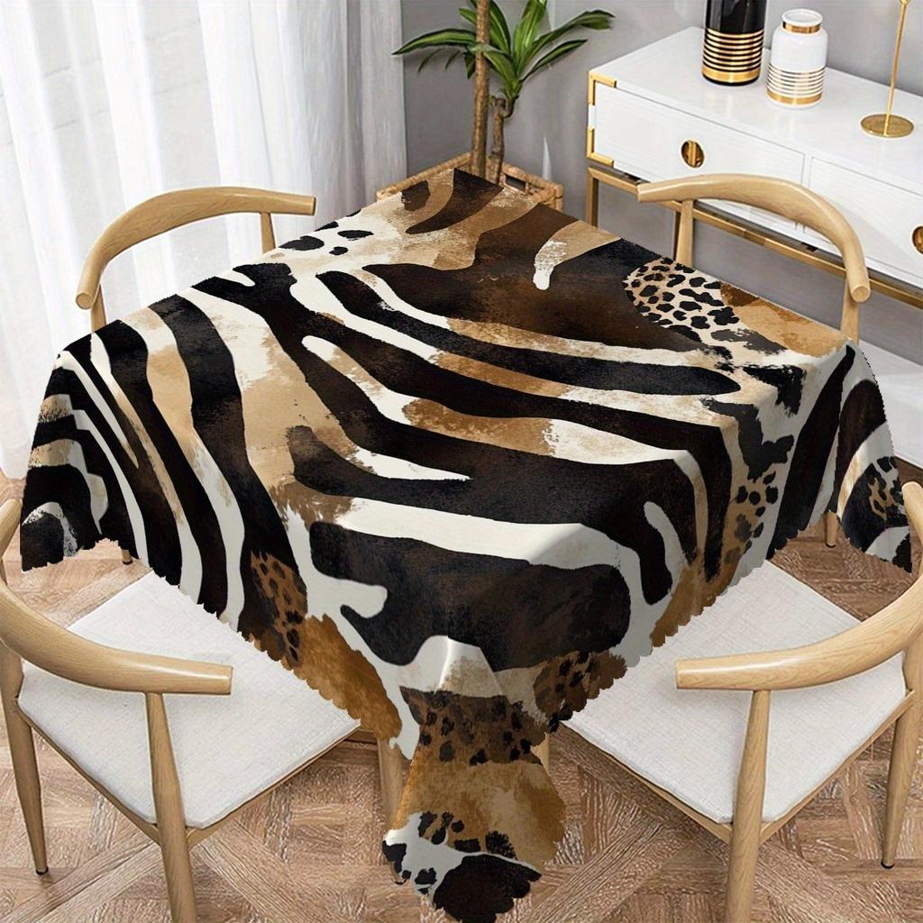 Stylish Wild Animal Print Tablecloth, Rich Brown, Black and White Zebra-Leopard Texture, Durable with Scalloped Hem for Indoor