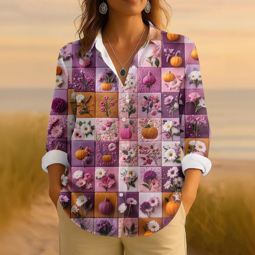 Dámská retro halloweenská potištěná košile s dlouhým rukávem na knoflíky, ležérní top s klasickým límečkem