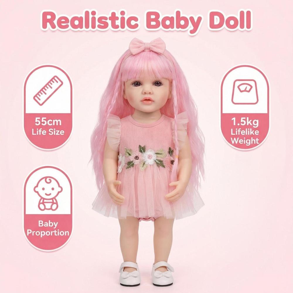 Real Looking 55cm Reborn Babies Dolls Betty Full Vinyl Body Waterproof Simulation Dolls Beautiful Pink Hair Dress Up Rebirth Doll Kid's Birthday Gifts