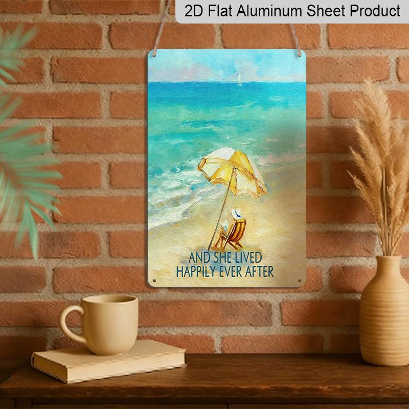 2D Flat 1pc Vintage Beach Metal Aluminum Wall Art Sign "And She Lived Happily Ever After" - 8x12 Inch Turquoise & Golden Coastal Decor, Summer Wall