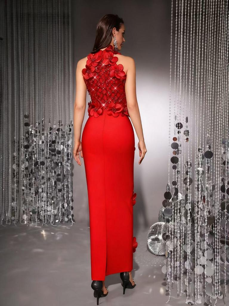 Elegant European and American Evening Gown: Sequined Floral High-End Sleeveless Long Bandage Dress