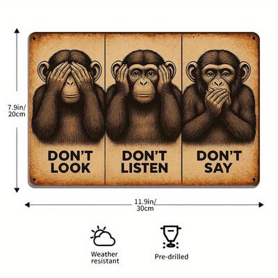 Three Wise Monkeys Metal Sign - 30.48x20.32cm Vintage "See No Evil" Decor for Home & Bar