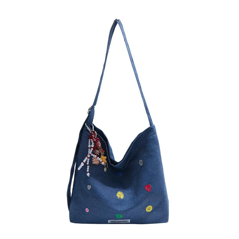 

Denim embroidered shoulder bag autumn and winter new large-capacity commuter bucket bag casual messenger bag tide темно-синий